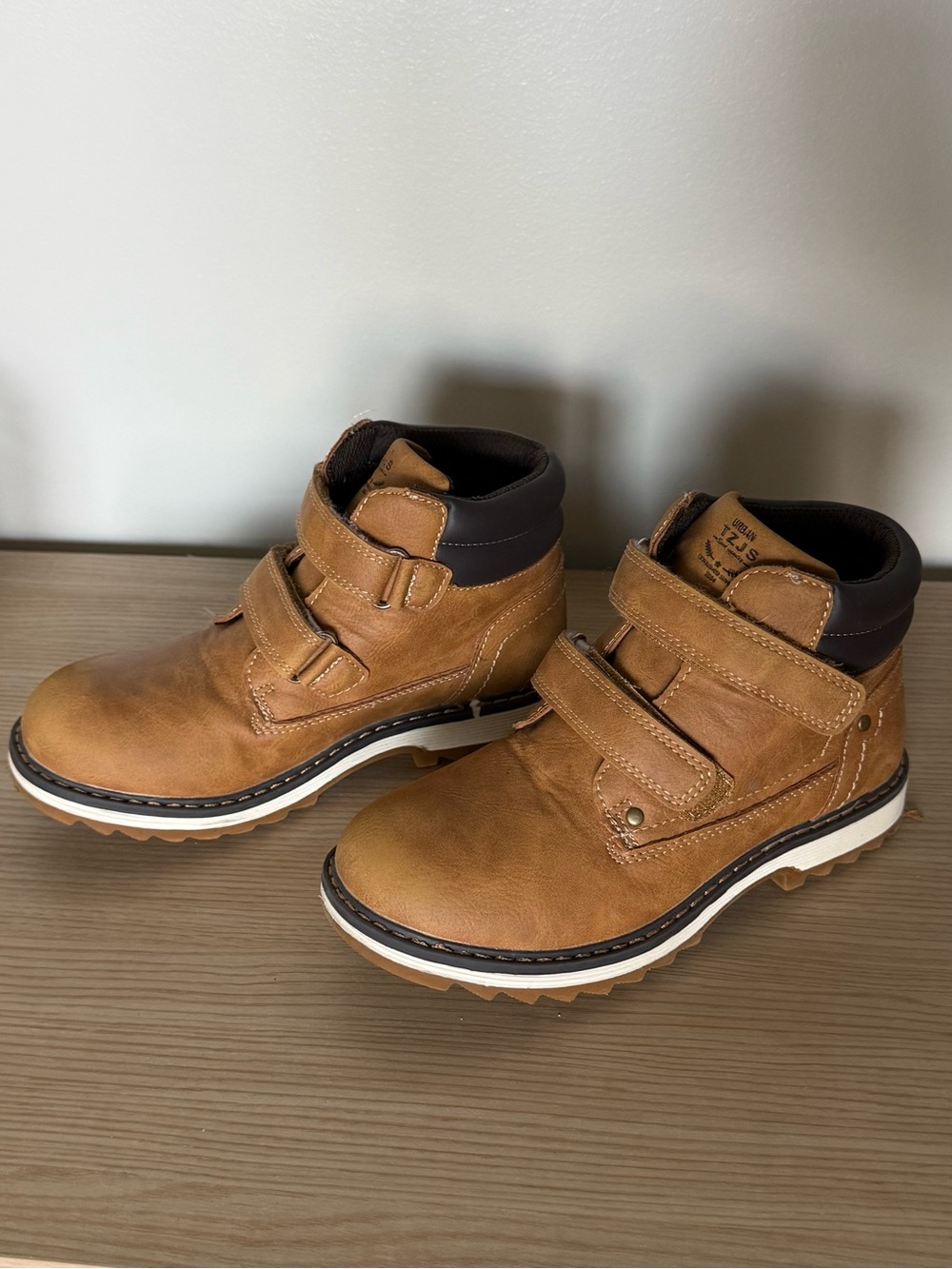 Kids Tan Hook-and-Loop Ankle Boots